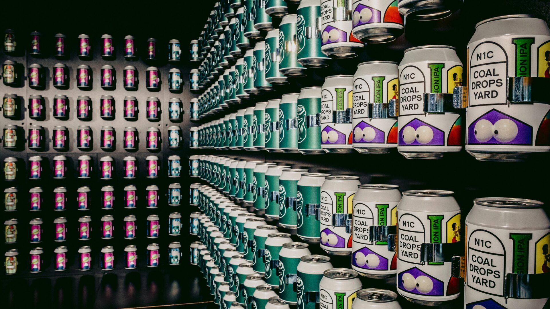 Wall of beer cans at House of Cans, Coal Drops Yard, King's Cross