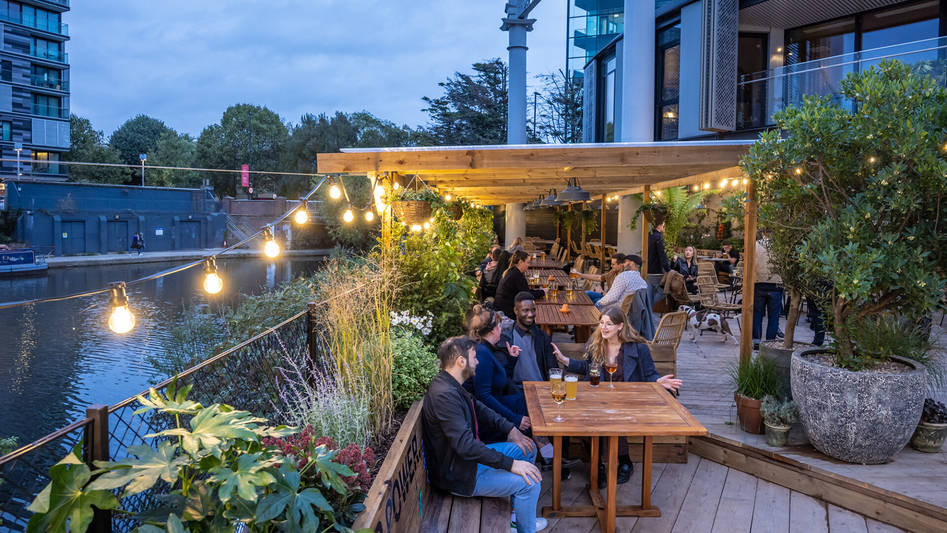 Canalside terrace at The Gas Station, bar and beer garden, King's Cross