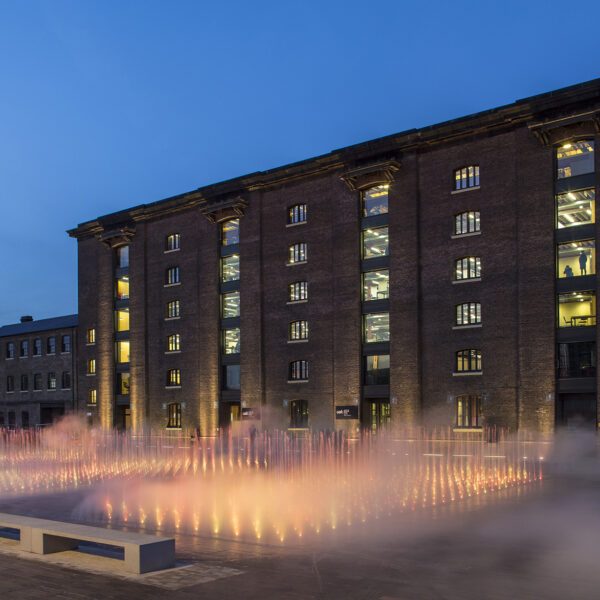Granary Square fountains with fog, King's Cross