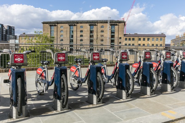 Santander Bicycles in a docking station on Goodsway at King's Cross