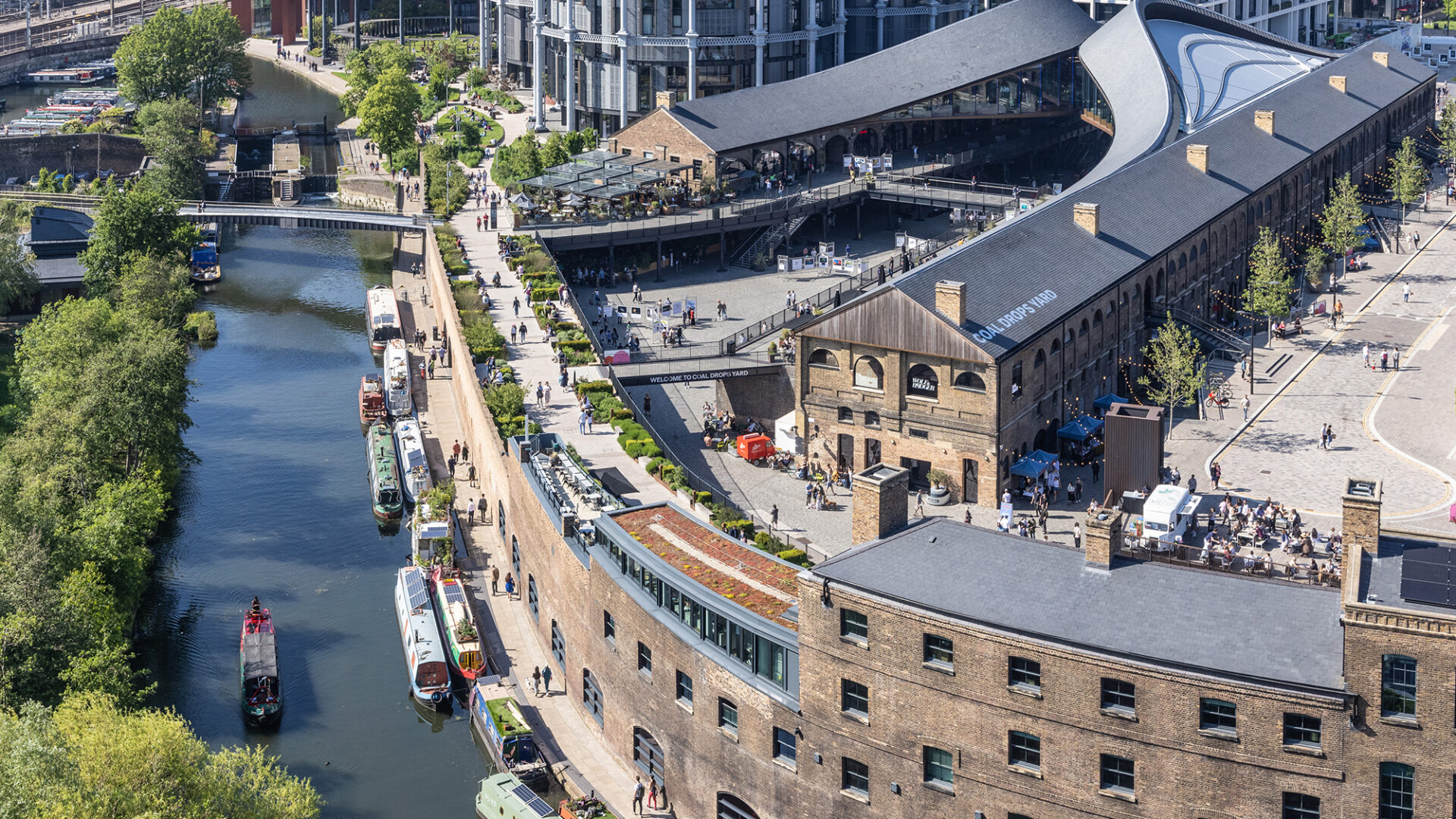 Aerial view of Coal Drops Yard and Regent's Canal, King's Cross