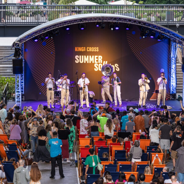 Brass Rascals performing at King's Cross Summer Sounds in Coal Drops Yard